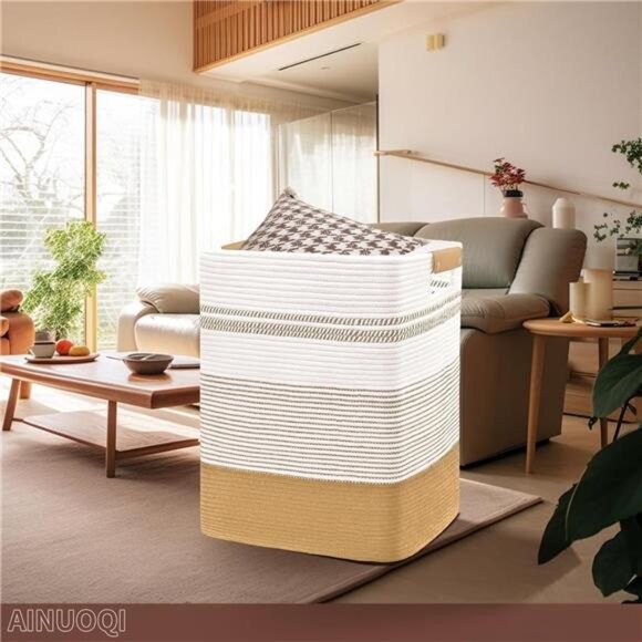 Laundry Hamper - 85L Large Laundry Basket with Leather Handles, Decorative - Picture 4 of 7
